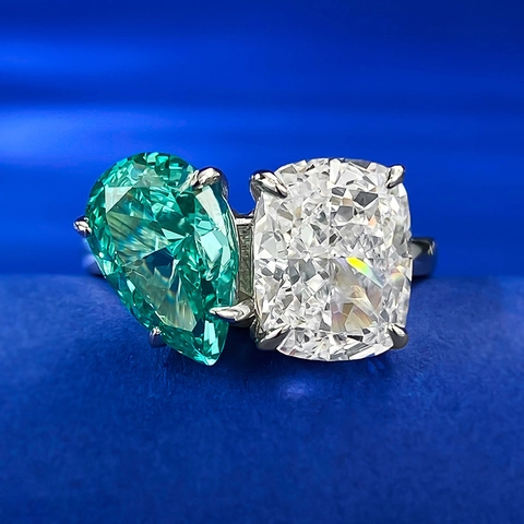 Anello Toi Et Moi in Argento Sterling 925 per Donna Taglio a Pera Verde Paraiba Taglio Cushion Strass Bianco Anello Aperto Gioielli