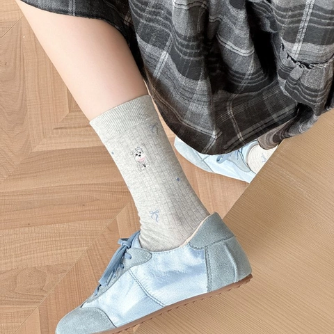 Damen Niedlich Cartoon Tier Gestickt Slouch Socken Gekämmte Baumwolle Preppy Rippen Crew Socken Katze Hund Schleife Muster Mädchen