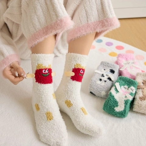 Dames Schattige 3D Dier Koraalvlies Halfhoge Sokken Zachte Warme Jacquard Pluizige Slaapsokken Voor Winter Thuis Ademend Sokken