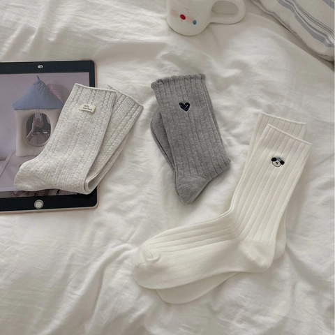 Japanese Style Women Mid-Calf Socks Combed Cotton Heart Puppy Embroidery Ribbed Knit Slouch Socks Casual Fashion Socks