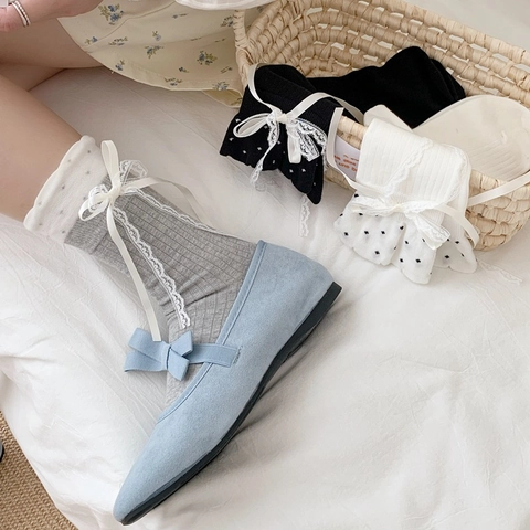 Women's Lolita Style Ribbed Socks With Polka Dot Satin Ribbon Bow Lace Trim Japanese Sweet Fashion Cotton Tube Socks
