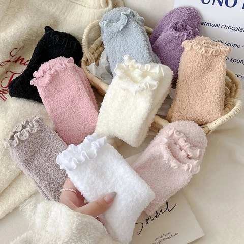 Women Cute Lettuce Edge Coral Fleece Thermal Socks Japanese Style Thickened Winter Warm Fuzzy Floor Socks Indoor House Socks