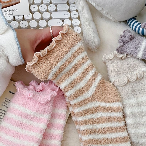 Dames Dikke Koraalvlies Vloersokken Winter Warm Fuzzy Gestreepte Stippen Huissokken Golvende Rand Gezellige Slaapsokken