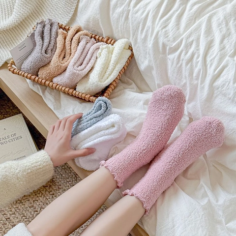 Women Cute Lettuce Edge Coral Fleece Thermal Socks Japanese Style Thickened Winter Warm Fuzzy Floor Socks Indoor House Socks