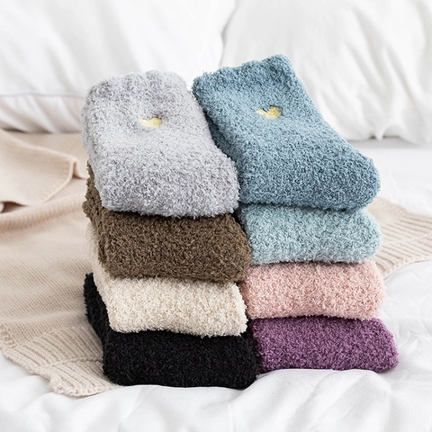 Dames Halflange Sokken Koraalvlies Warm Dik Hart Borduurwerk Slapen Huis Zacht