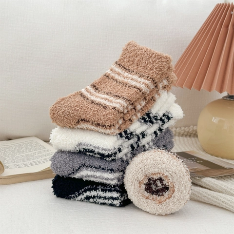 Dames Winter Verdikte Koraal Fleece Gestreept Sokken Zacht Warm Pluizig Huis Vloer Sokken Gezellige Slaap Bed Sokken