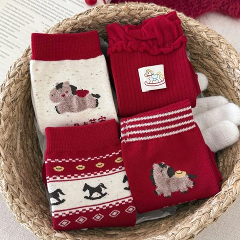 Women Festive Red New Year Crew Socks Combed Cotton Seamless Pony Pattern Lucky Red Socks For Women Gift Breathable Mid Tube Cotton Socks
