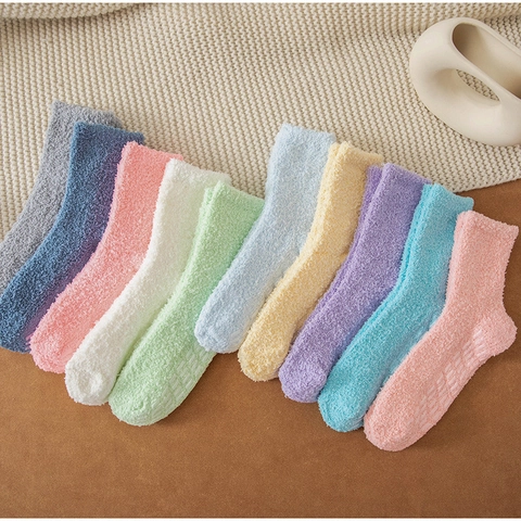 Calze da Pavimento in Pile Corallo Calde Invernali Unisex Puntini Antiscivolo Calze da Notte per Interni Tinta Unita Felpate Ispessite