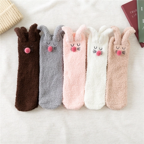 Lindos Calcetines de Felpa Coral con Orejas de Conejo Calcetines de Dormir de Felpa Cálidos de Invierno para Mujer Hogar