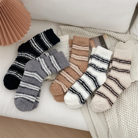 Dames Winter Verdikte Koraal Fleece Gestreept Sokken Zacht Warm Pluizig Huis Vloer Sokken Gezellige Slaap Bed Sokken