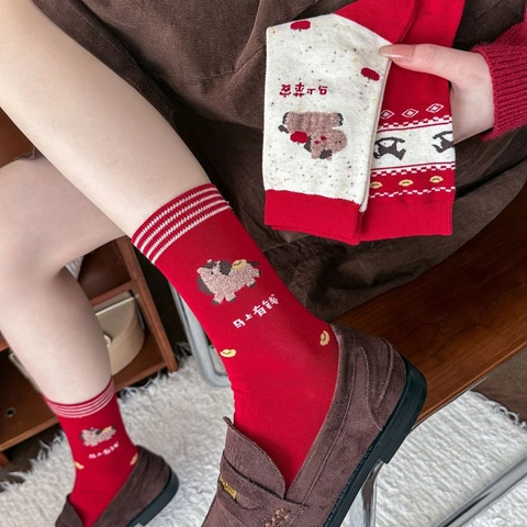 Women Festive Red New Year Crew Socks Combed Cotton Seamless Pony Pattern Lucky Red Socks For Women Gift Breathable Mid Tube Cotton Socks