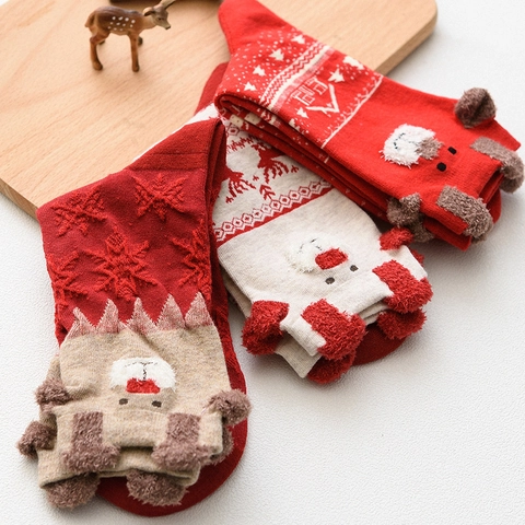 Dames Kerstsokken Rood Rendier Sneeuwvlok Jacquard Katoenmix Halflange Sokken Met 3D Oren Warm Kerstcadeau