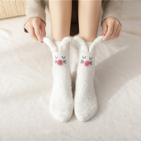 Lindos Calcetines de Felpa Coral con Orejas de Conejo Calcetines de Dormir de Felpa Cálidos de Invierno para Mujer Hogar