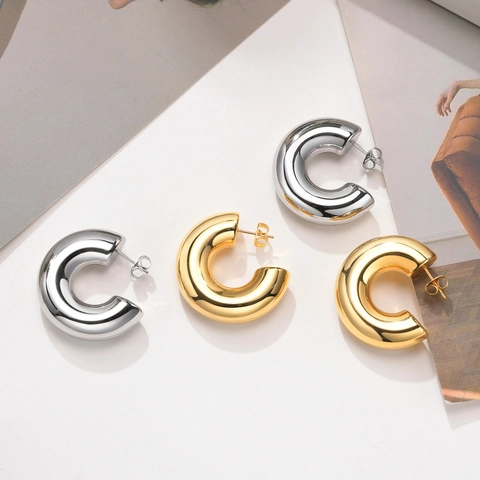 Orecchini a Cerchio Minimalisti in Acciaio Inossidabile Lucido a Forma di C per Donna Oro Argento Gioielli di Moda