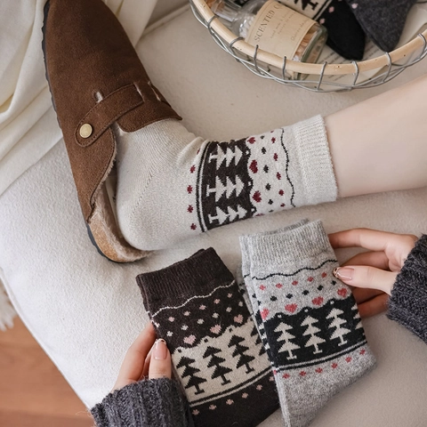 Calze da Donna Nordic Fair Isle in Misto Lana a Metà Polpaccio Retro Lavorate a Maglia Jacquard Pino Cuore Ispessite Calde