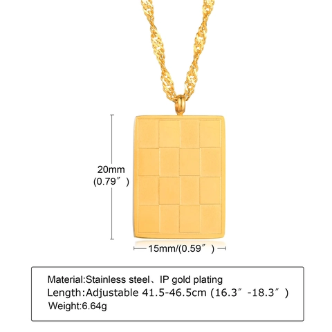 Women Stainless Steel Gold Checkerboard Rectangle Pendant Necklace Geometric Minimalist Square Plate Fashion Jewelry Accessory