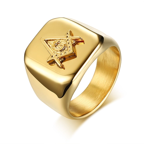 Anello Massonico da Uomo in Acciaio Inossidabile Placcato Oro Simbolo Massoneria Quadrato e Compasso Anello a Sigillo Religioso Gioielli Uomo