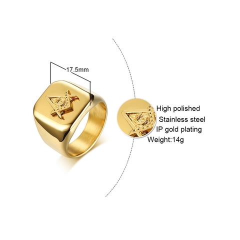 Anello Massonico da Uomo in Acciaio Inossidabile Placcato Oro Simbolo Massoneria Quadrato e Compasso Anello a Sigillo Religioso Gioielli Uomo