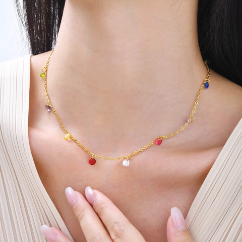 Stainless Steel Colorful Zirconia Necklace For Women 18K Gold Plated Rainbow Round Heart Pendant Cross Chain Summer Jewelry