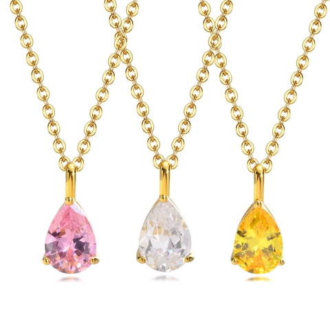 Collar con Colgante de Gota de Agua de Acero Inoxidable para Mujer Chapado en Oro Circonia Corte de Pera Joyería de Moda