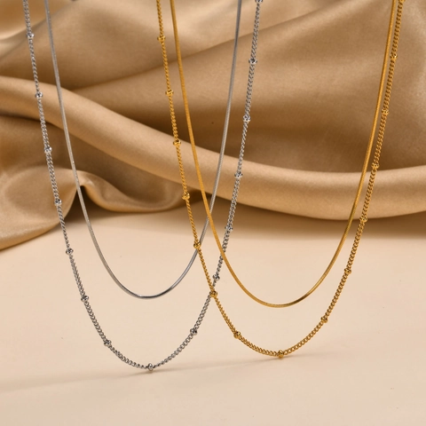 Collana a Doppio Strato in Acciaio Inossidabile Minimalista per Donna Oro Argento Catena a Serpente Catena a Sfere Gioielli di Moda