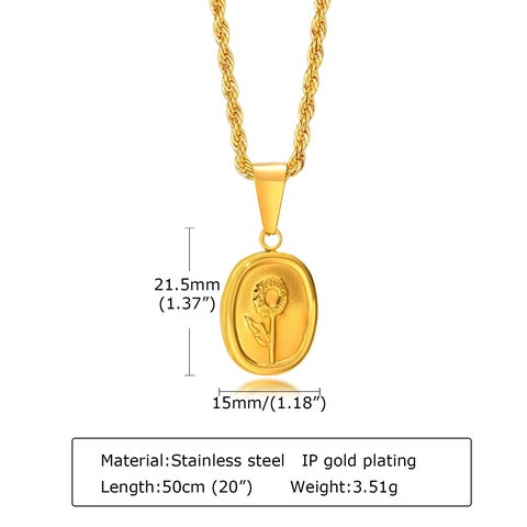 Women's Vintage Stainless Steel Sunflower Relief Pendant Necklace Oval Floral Design Rope Chain Fashion Jewelry Accessory