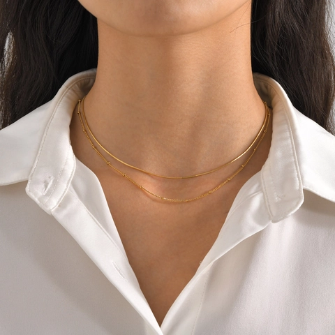 Collana a Doppio Strato in Acciaio Inossidabile Minimalista per Donna Oro Argento Catena a Serpente Catena a Sfere Gioielli di Moda