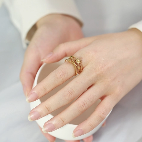 Edelstahl Sonnenstern Verstellbarer Offener Ring Mehrschichtig Vergoldeter Schmuck Für Damen Individuelle Mode Fingerring