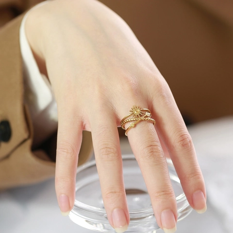 Edelstahl Sonnenstern Verstellbarer Offener Ring Mehrschichtig Vergoldeter Schmuck Für Damen Individuelle Mode Fingerring
