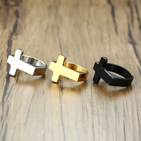 Anello a Croce in Acciaio Inossidabile Vintage per Uomo Punk Gothic Oro Argento Nero Galvanizzato Gioielli Religiosi di Moda