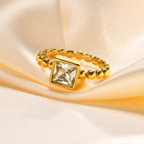 Vergulde Roestvrijstalen Geparelde Ring Voor Dames Geometrische Vierkante Strass Ingelegde Minimalistische Mode Sieraden Vingerring