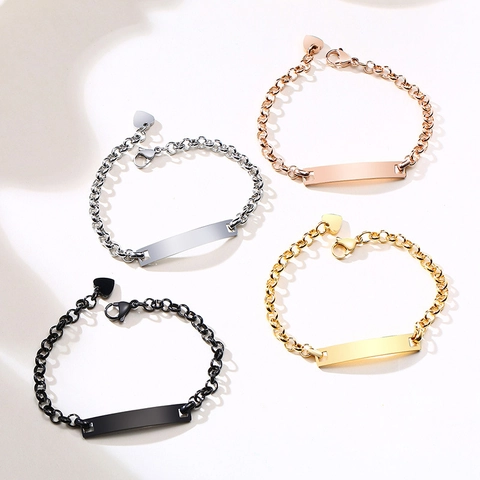 Minimalist Stainless Steel ID Bracelet For Women Polished Curved Bar Plate Heart Charm Rolo Chain Fashion Jewelry Gift