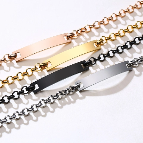 Minimalist Stainless Steel ID Bracelet For Women Polished Curved Bar Plate Heart Charm Rolo Chain Fashion Jewelry Gift