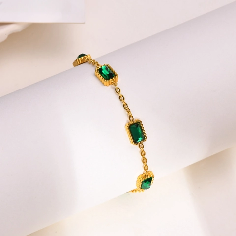 Stainless Steel Emerald Green Zirconia Necklace Bracelet For Women Gold Plated Rectangle Gemstone Minimalist Jewelry Set