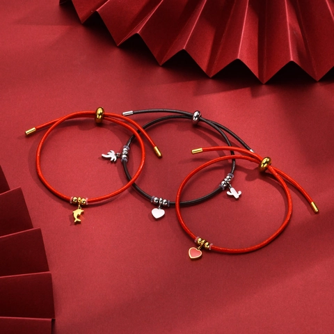 Bracelet Réglable En Cordon De Cuir Rouge Avec Pendentif Dauphin Et Coeur En Acier Inoxydable Bijoux Émail Pour Homme Femme