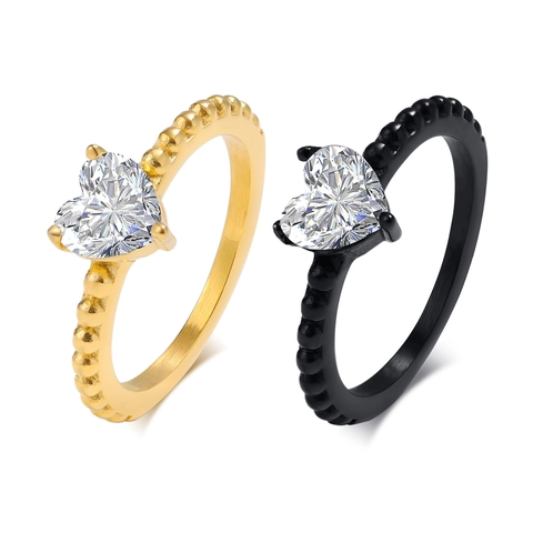 Anello in Acciaio Inossidabile con Zirconia a Cuore Fascia con Perline Oro Nero Argento Placcato Gioielli Moda Donna