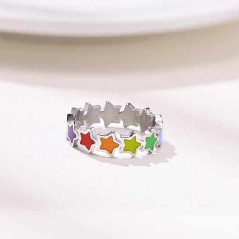 Anello a Stella in Smalto Arcobaleno in Acciaio Inossidabile per Donna Fascia Multi Stella Cava Colorata Gioielli di Tendenza