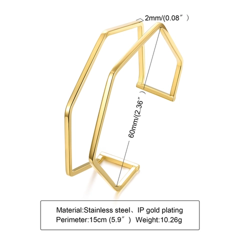 Bracciale Rigido Geometrico Minimalista in Acciaio Inossidabile per Donna Placcato in Oro IP Bangle Aperto Poligonale Gioielli