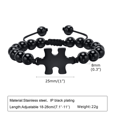 Bracciale Intrecciato Regolabile con Perline di Agata Nera e Ciondolo a Forma di Puzzle in Acciaio Inossidabile per Uomo Gioielli Minimalisti