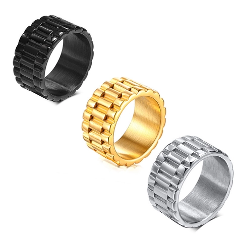 Stainless Steel Watchband Link Ring Gold IP Electroplated Wide Band Hip Hop Industrial Style Finger Ring For Men Women