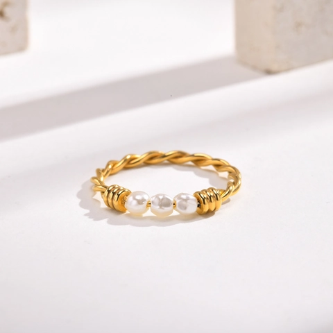 French Vintage Stainless Steel 18K Gold Plated Twist Rope Ring For Women Irregular Artificial Pearl Minimalist Jewelry Ring
