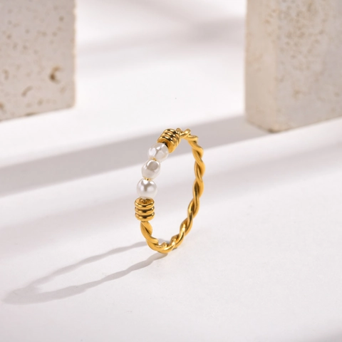 French Vintage Stainless Steel 18K Gold Plated Twist Rope Ring For Women Irregular Artificial Pearl Minimalist Jewelry Ring