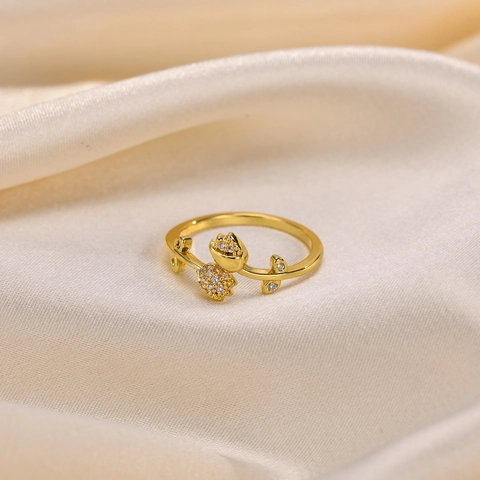 Anello Aperto a Ramo di Tulipano Retrò Francese per Donna Rame Regolabile Placcato Oro 18K AAA Zirconia Anello di Fiori Gioielli