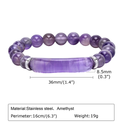 Natural Amethyst Beaded Bracelet With Stainless Steel Curved Tube Purple Gemstone Stretch Bracelet For Men Women Jewelry