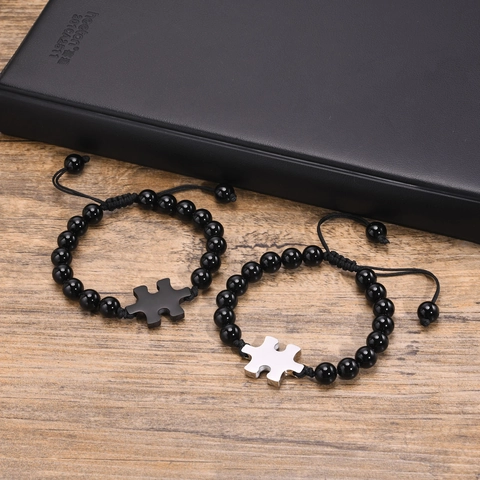 Bracciale Intrecciato Regolabile con Perline di Agata Nera e Ciondolo a Forma di Puzzle in Acciaio Inossidabile per Uomo Gioielli Minimalisti