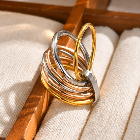 Minimalist Stainless Steel Tricolor Interlocking Ring For Women Men IP Gold Plated Multi Layer Stacking Band Jewelry Gift