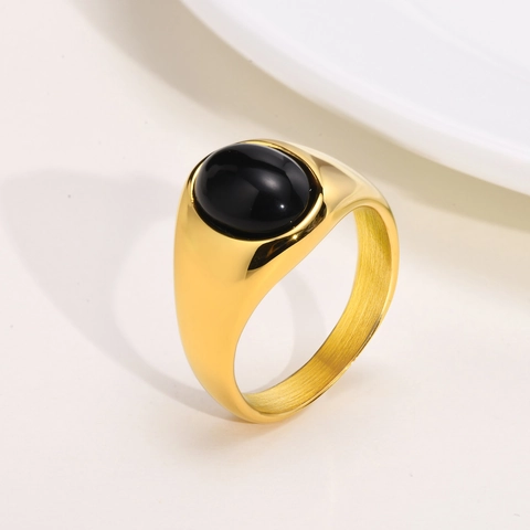 Vintage Gold Edelstahl Ovaler Schwarzer Achat Ring Minimalistisch Chunky Siegelring Für Damen Herren Persönlichkeit Schmuck Zubehör