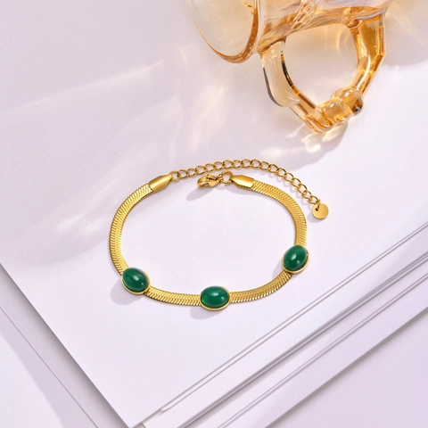 Bracciale in Acciaio Inossidabile con Strass Verde Smeraldo per Donna Placcato Oro Catena a Lisca di Pesce Regolabile Gioielli di Moda