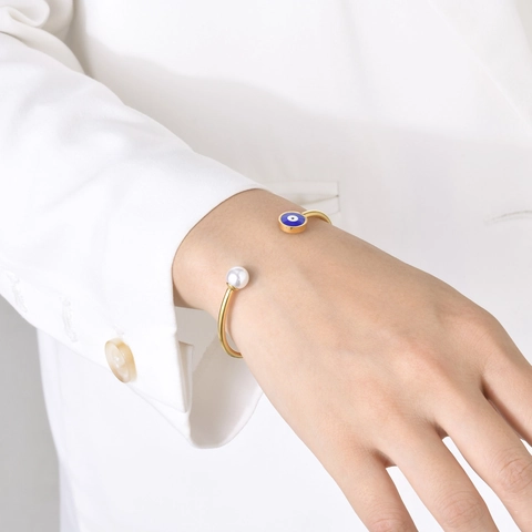 Edelstahl Böser Blick Künstliche Perle Offener Armreif Für Damen Gold Silber Verstellbares Minimalistisches Ethno Manschettenarmband