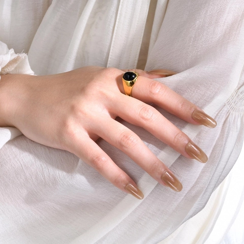 Vintage Gold Edelstahl Ovaler Schwarzer Achat Ring Minimalistisch Chunky Siegelring Für Damen Herren Persönlichkeit Schmuck Zubehör